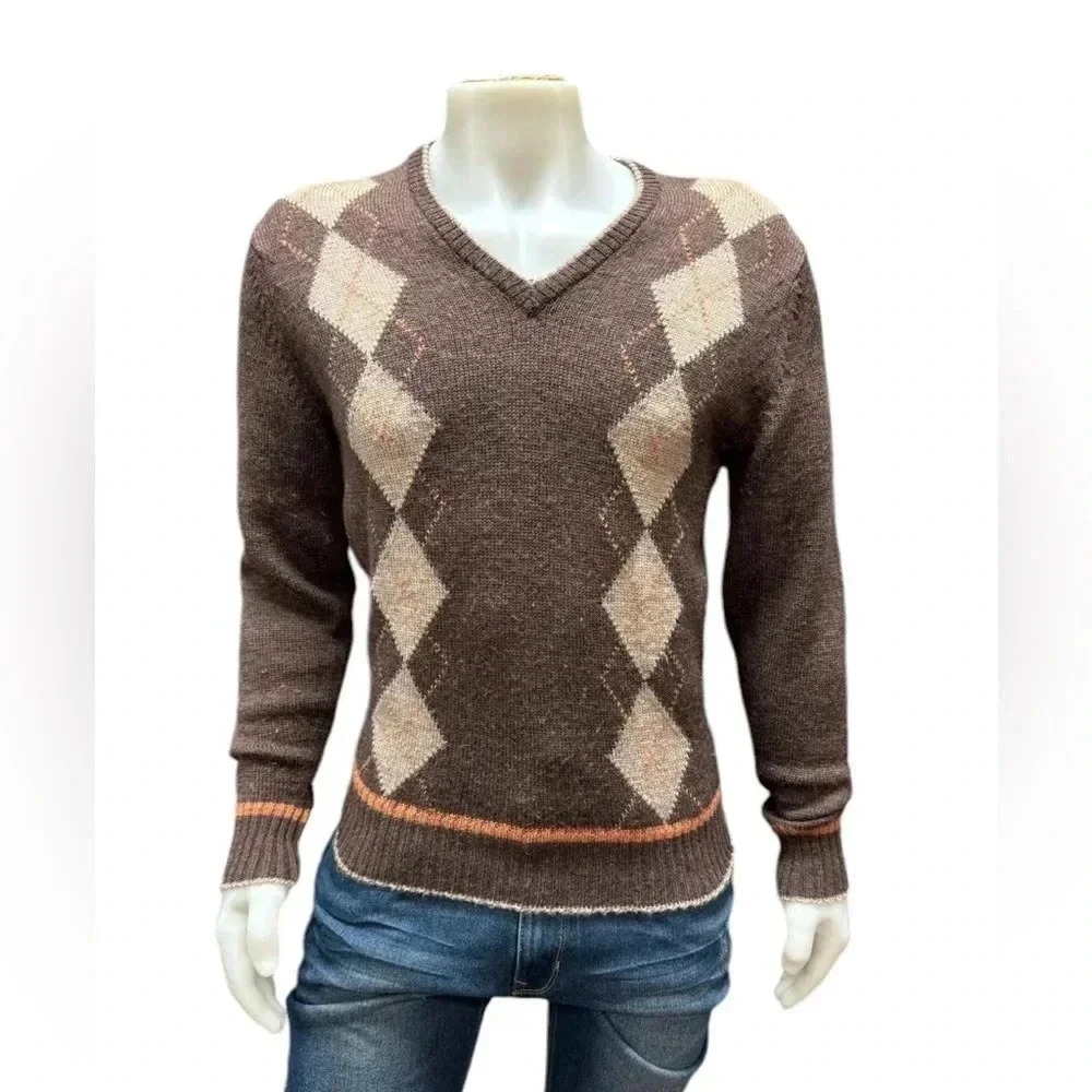 Parkhurst Vintage Wool V Neck Grandpa Brown Knit Sweater Size Small